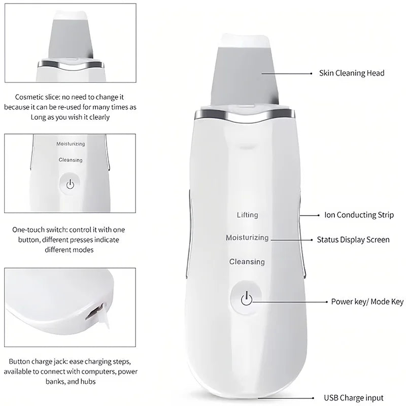 Esfoliante ultrassônico, limpador facial, pá esfoliante