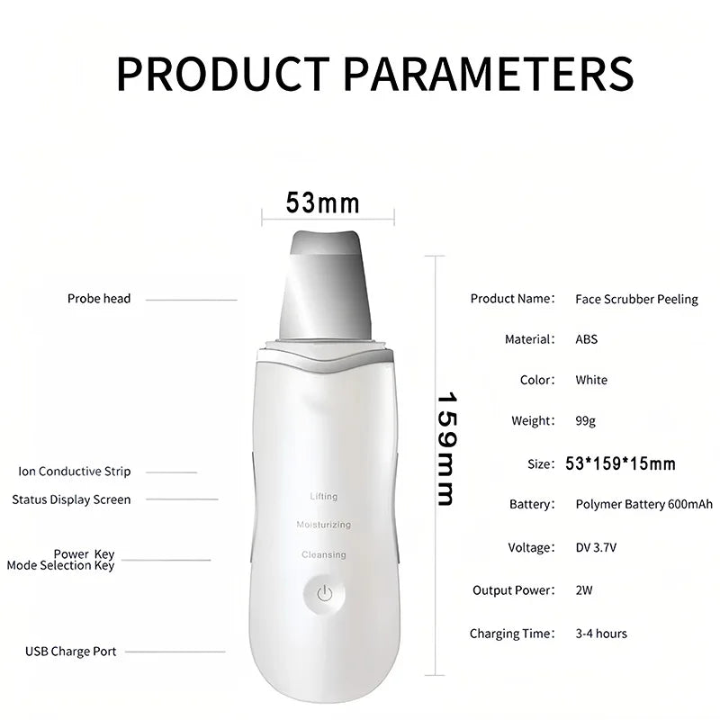 Esfoliante ultrassônico, limpador facial, pá esfoliante