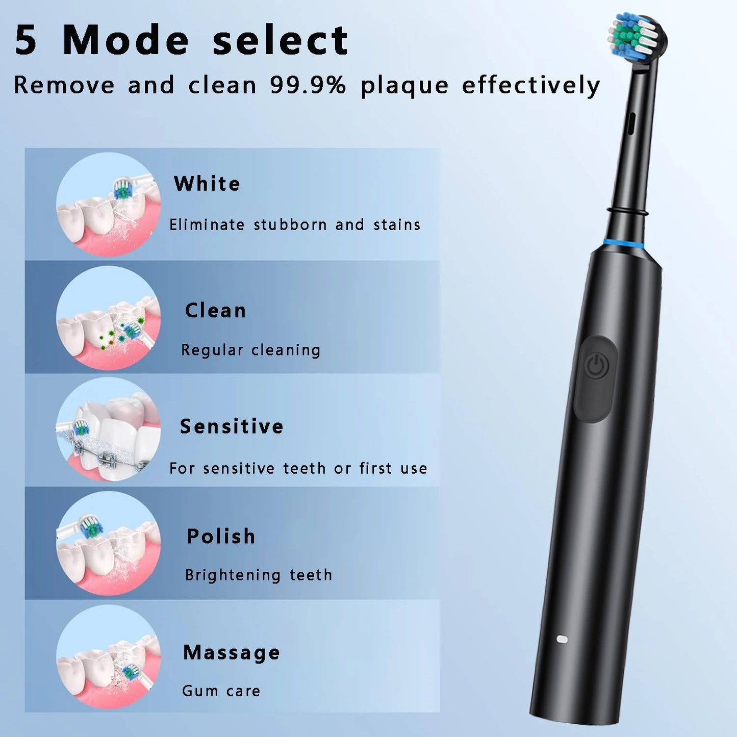 Escova de dentes elétrica rotativa, recarregável. Higiêne completa.