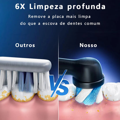 Escova de dentes elétrica rotativa, recarregável. Higiêne completa.