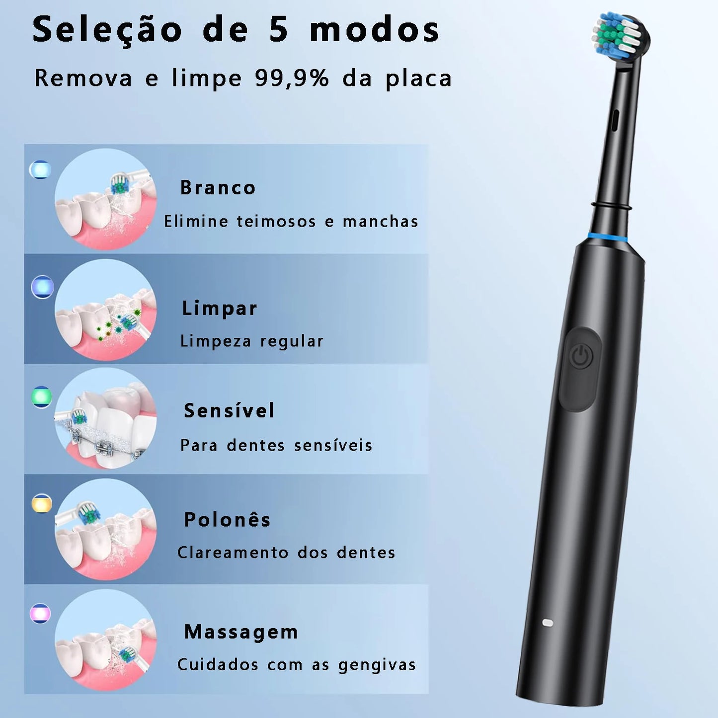 Escova de dentes elétrica rotativa, recarregável. Higiêne completa.
