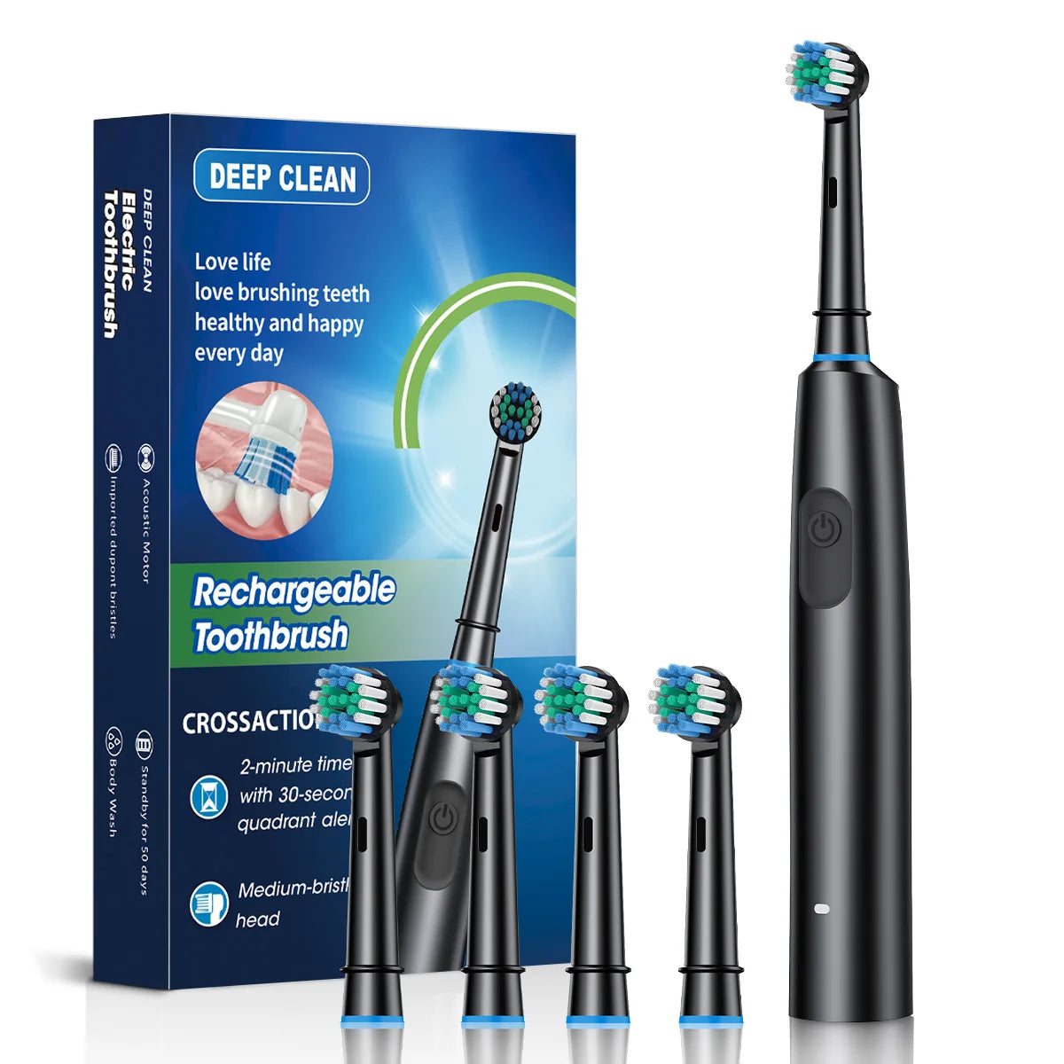 Escova de dentes elétrica rotativa, recarregável. Higiêne completa.