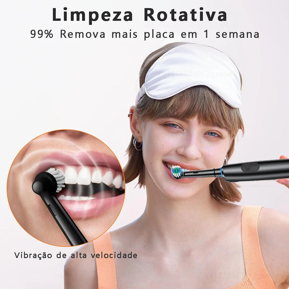 Escova de dentes elétrica rotativa, recarregável. Higiêne completa.