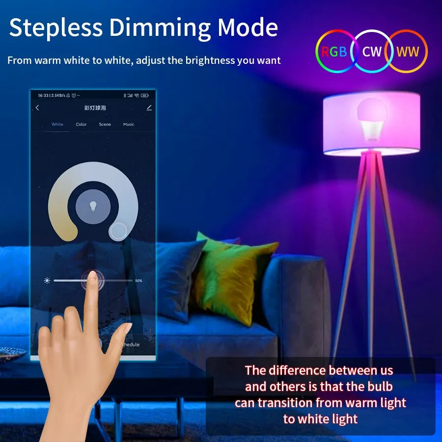 Lâmpada LED inteligente, luz regulável no app