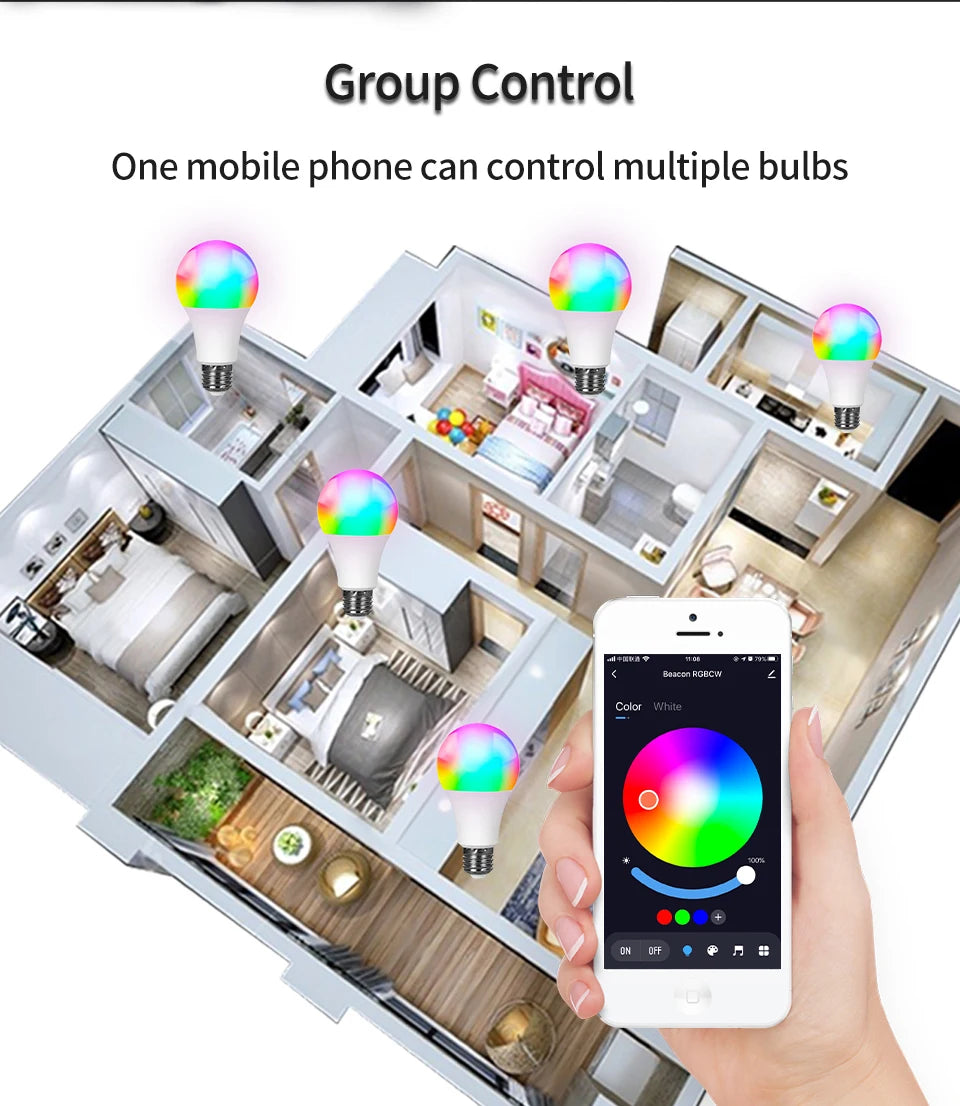 Lâmpada LED inteligente, luz regulável no app