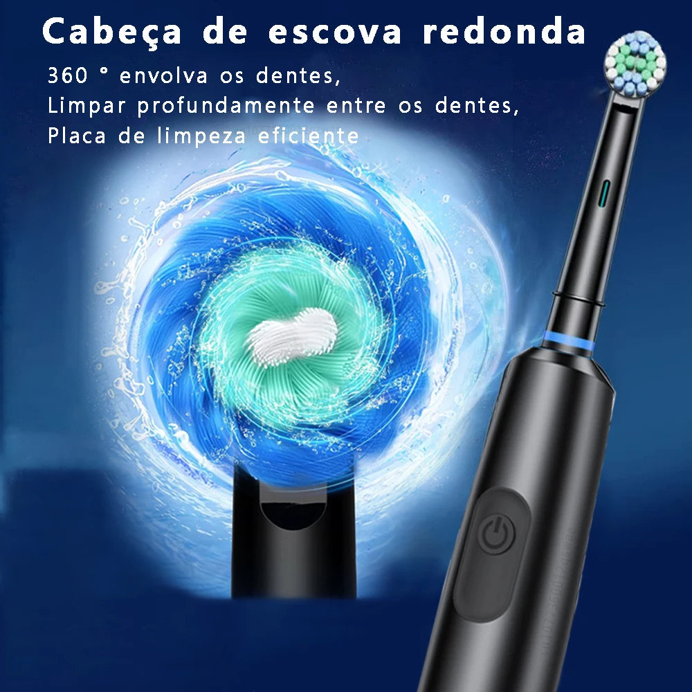 Escova de dentes elétrica rotativa, recarregável. Higiêne completa.